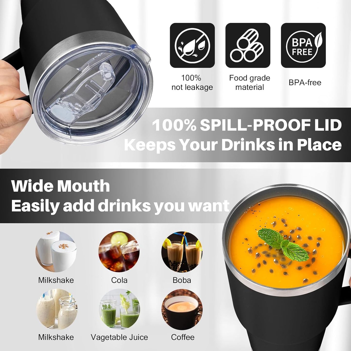 40 oz Tumbler with Handle, Insulated Tumbler with Lid and Straw, Reusable Stainless Steel Vacuum Insulated Cup, 100% Leak Proof Thermal Travel Coffee Mug Cup for Cold and Hot (Light Purple)