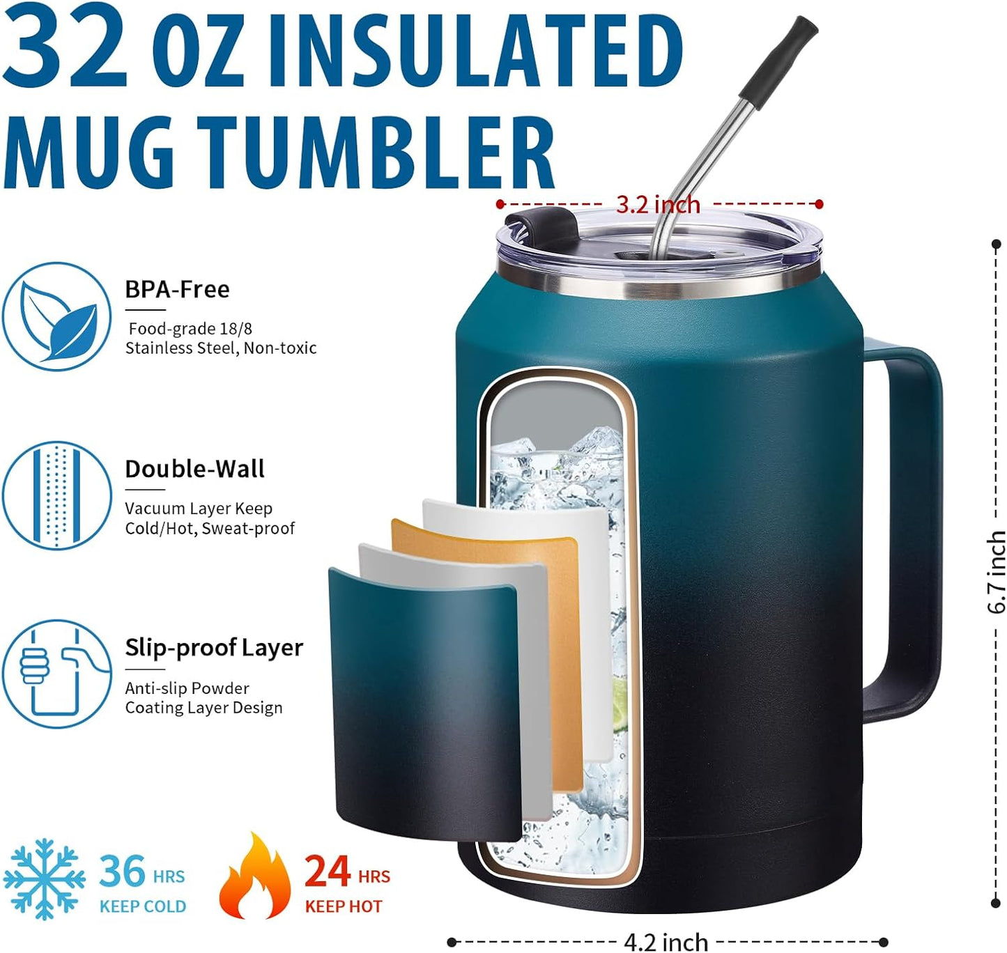 50 oz Insulated Tumbler with Handle and Straw - Stainless Steel Double Wall Coffee Mug, 2-in-1 Lid Metal Water Bottle, 36H Cold 24H Hot Travel Hydro Cup Jug with Silicone Boot