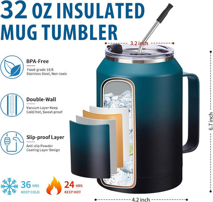 50 oz Insulated Tumbler with Handle and Straw - Stainless Steel Double Wall Coffee Mug, 2-in-1 Lid Metal Water Bottle, 36H Cold 24H Hot Travel Hydro Cup Jug with Silicone Boot