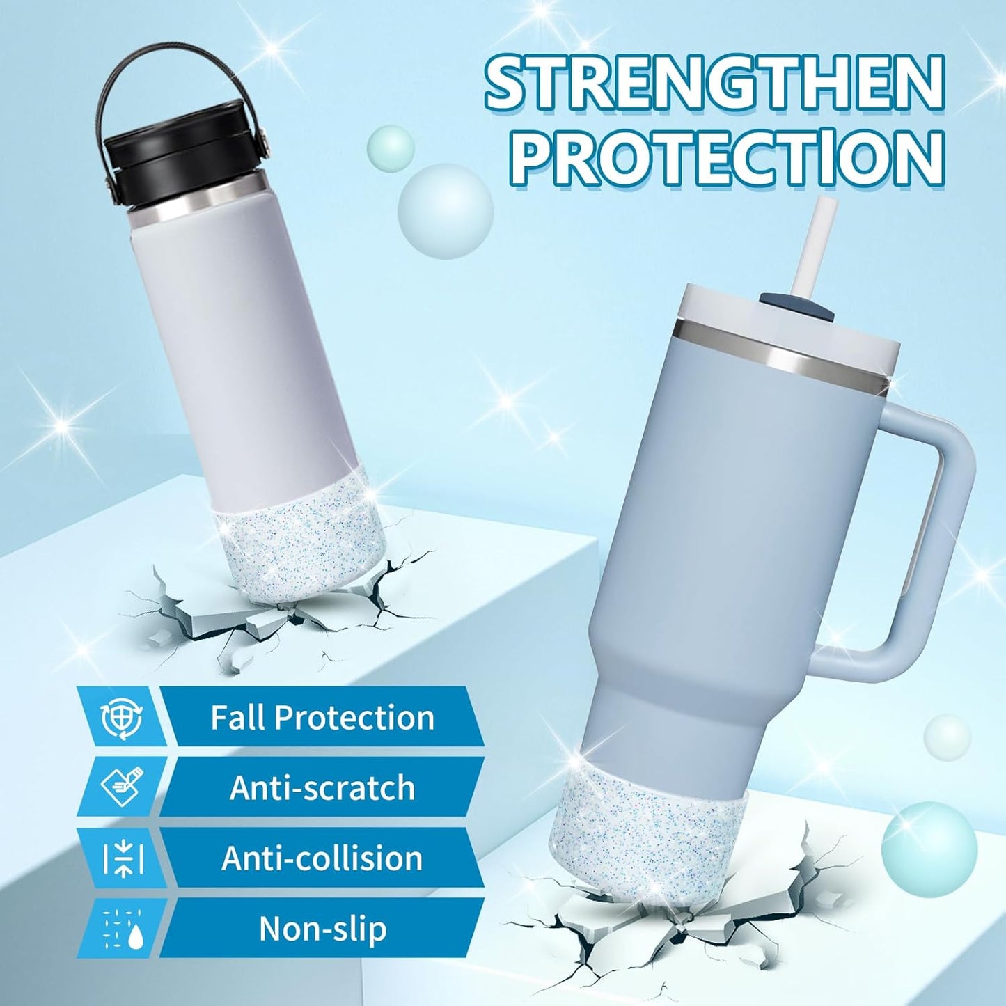 WUQID Protective Bling Silicone Boot Sleeve, Compatible with Stanley Tumbler 20-40oz & Hydro Flask Bottle 12oz-24oz, Glitter Reduces Dents Sleeve Cover for More Bottles/Tumblers Bottom of 2.83-2.95in