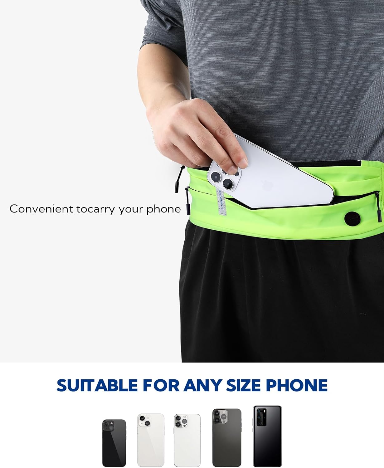 WATERFLY Running Belt Fanny Pack: Runner Marathon Jogging Waist Pack Sport Workout Exercise Fitness Phone Holder Belt for Men Women Jogger Slim Waist Bag Black