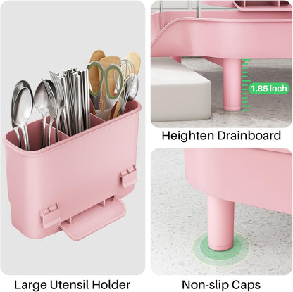 SAYZH Dish Drying Rack - Expandable Dish Rack for Kitchen Counter, Rust-Resistant Dish Drainer with Utensil Holder and Raised Guardrail, Kitchen Organizer for Cup and Bottle (Black)