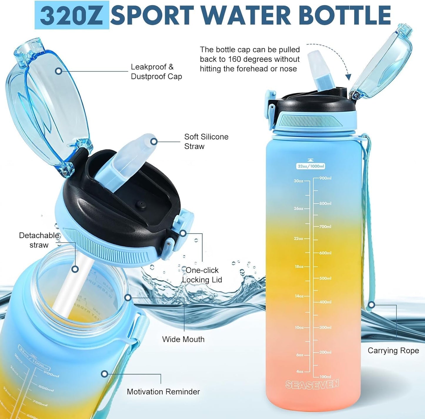 Water Bottle with Straw 1L,Boys Water Bottles with Straw 1 Litre,Waterbottle Leak-Proof Sports Water Bottle,Plastic Drinks Bottles Toxin Free，Bpa-Free (Cyan Black)