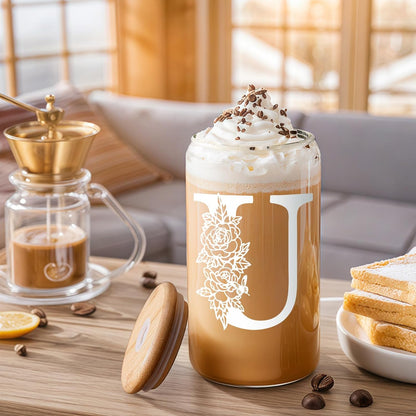 Glass Cups with Lids and Straws: Personalized Initial Glass Cup Be Used As Reusable Iced Coffee Cups with Lids,Cute Matcha Tumbler - The Christmas/Birthday Gifts for Women - M Smoothie Cup