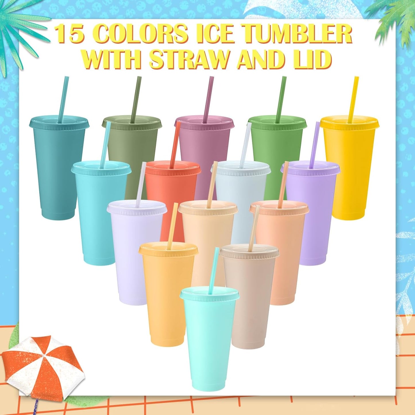 Honeydak 15 Pack Tumbler with Straw and Lid Bulk Cups for Gifts Water Bottle Iced Coffee Travel Mug Cup Reusable Plastic Tumblers for Party Birthdays 24-27 oz (Solid Color)