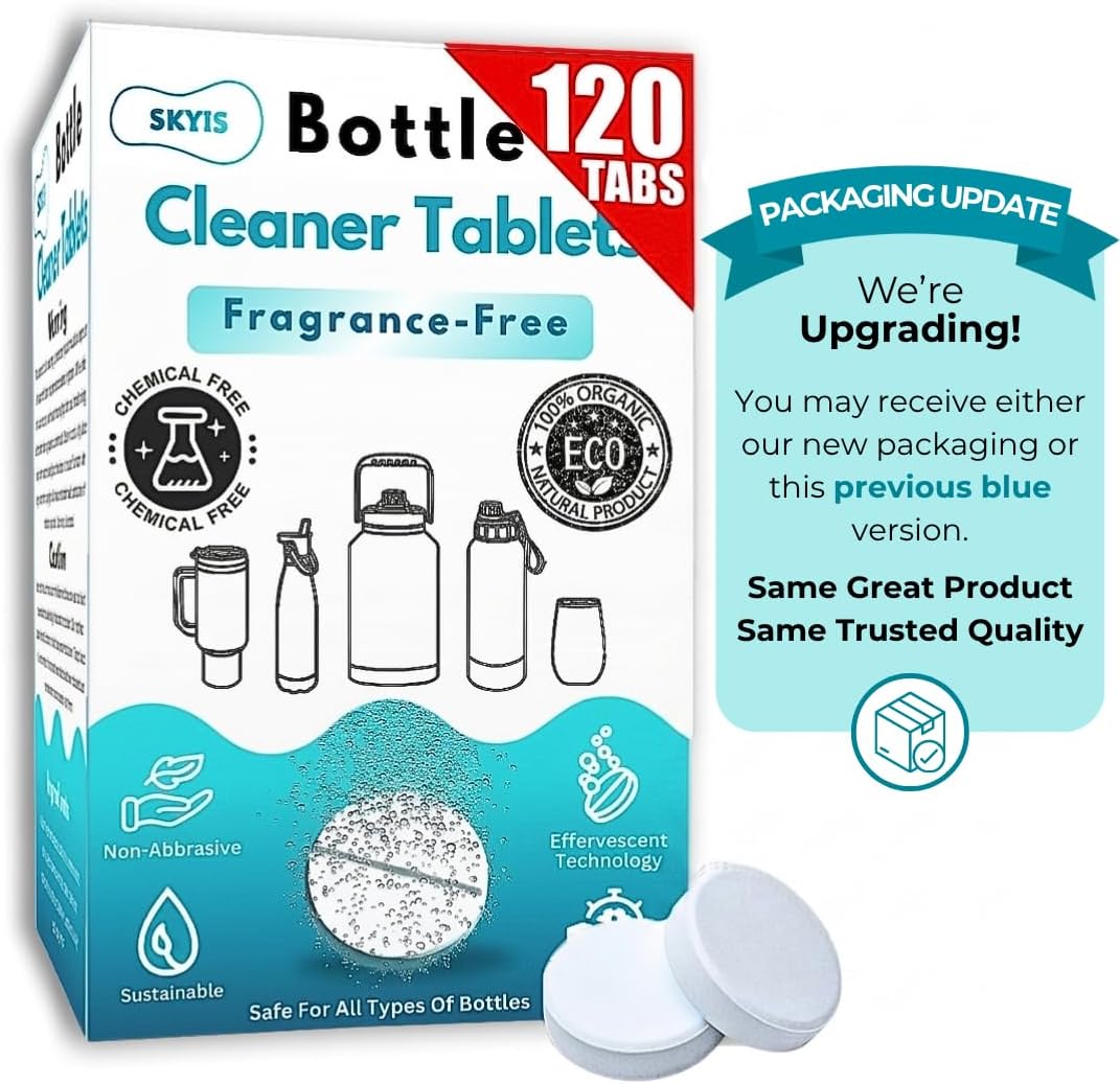 Skyis Water Bottle Cleaning Tablets 120 Pack, Up to 2 Years Supply, No Scrub Bottle Cleaner for Stainless Steel, Tumbler, Hydration Bladder, Coffee Mug, Removes Odor & Stains
