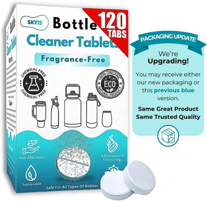 Skyis Water Bottle Cleaning Tablets 120 Pack, Up to 2 Years Supply, No Scrub Bottle Cleaner for Stainless Steel, Tumbler, Hydration Bladder, Coffee Mug, Removes Odor & Stains