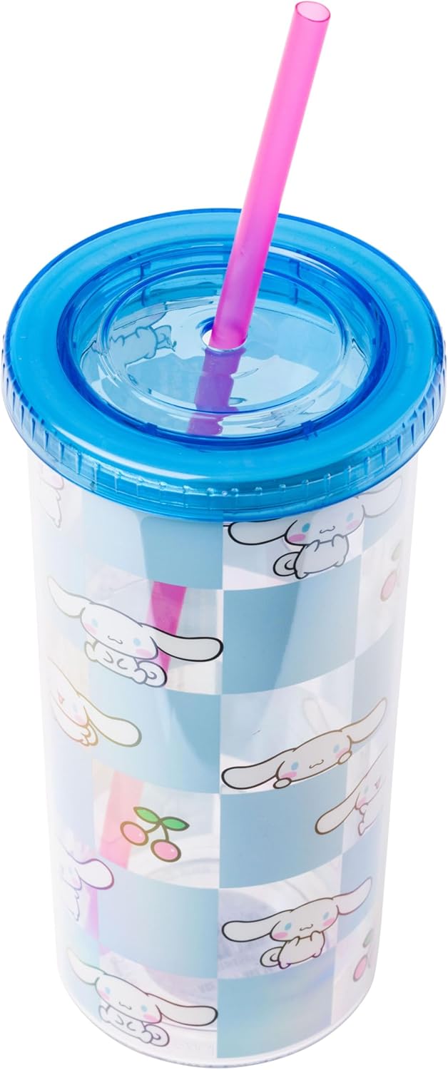 Silver Buffalo Sanrio Hello Kitty Milk Carton Pattern Plastic Boba Tumbler w Lid and Wide Straw, 24 Ounces