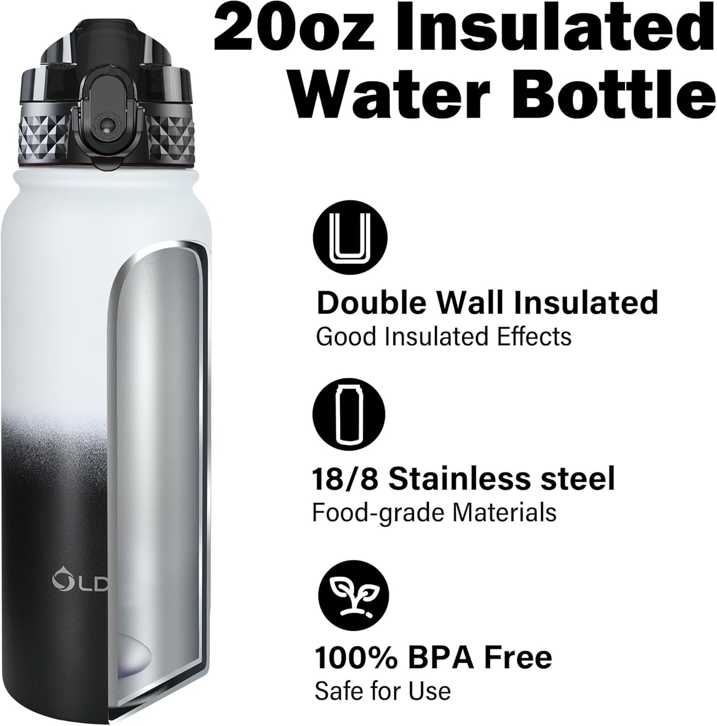 Oldley Insulated Water Bottle 20oz for Adults Kids Stainless Steel Water Bottles with Straw/Chug/Carabiner 3 Lids Fruit Strainer Double Wall Vacuum Wide Mouth BPA Free Leak-Proof for School Travel