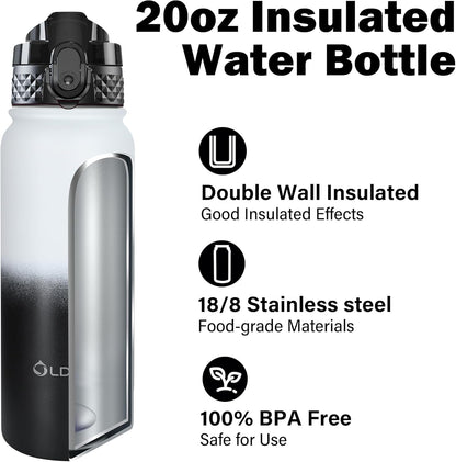 Oldley Insulated Water Bottle 20oz for Adults Kids Stainless Steel Water Bottles with Straw/Chug/Carabiner 3 Lids Fruit Strainer Double Wall Vacuum Wide Mouth BPA Free Leak-Proof for School Travel