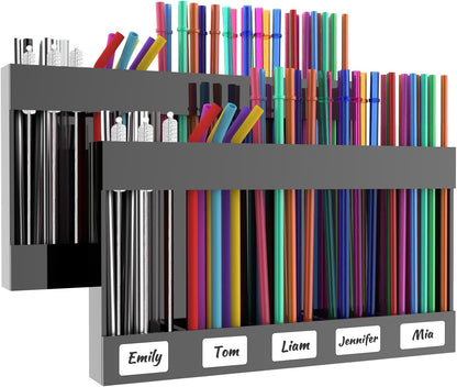 9.5” Large Acrylic Straw Holder for Cabinet Door with Detachable Ultra Sticky Adhesive Squares and Stickers, 2026 Reusable Straws Organizer Storage Dispenser for Kitchen Counter Cupboard