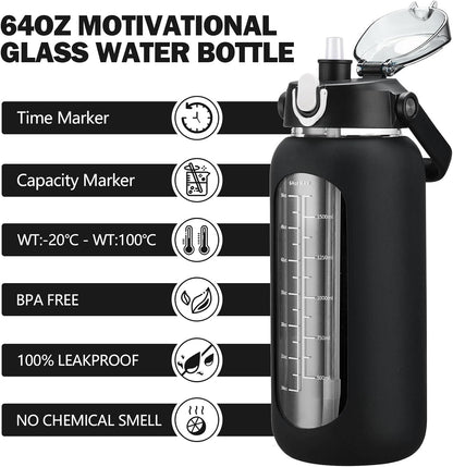 64oz Glass Water Bottles with Straw, Half Gallon Motivational Glass Bottle with Silicone Sleeve and Time Marker, 2L Leakproof Large Glass Water Jug for Gym Home Office,olive