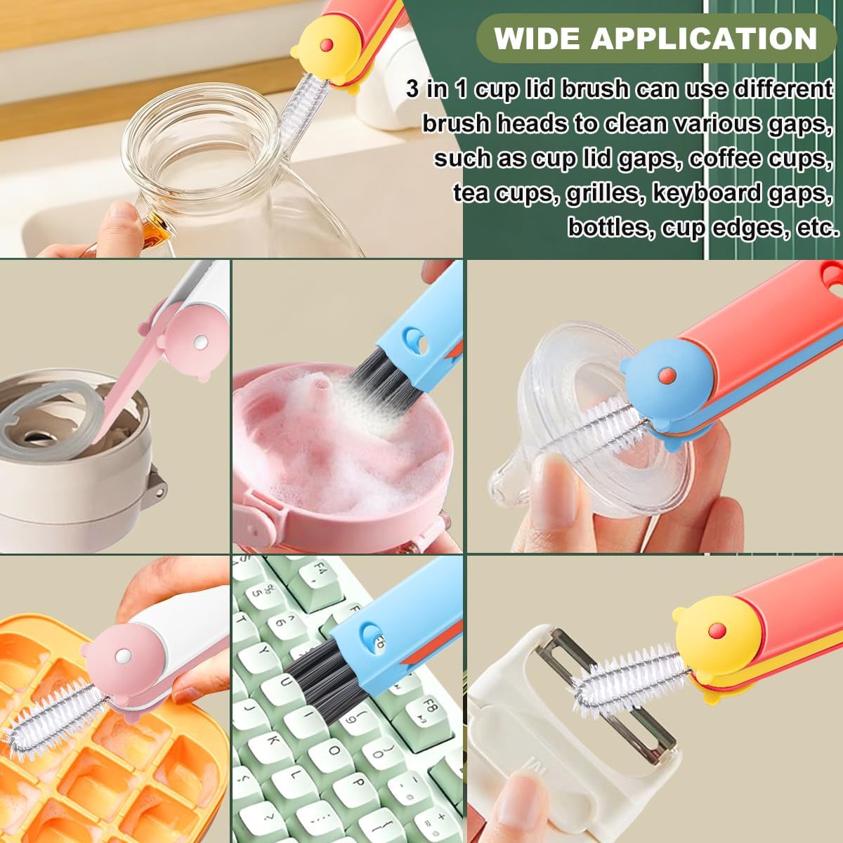 3 in 1 Cup Lid Cleaning Brush, Portable Cup Cleaner Brush, New Water Bottle Lid Cleaner Brush, Multifunctional Cleaning Brush - Home Kitchen Cleaning Tools for Tight Spaces & Bottle Gaps, 3 PCS