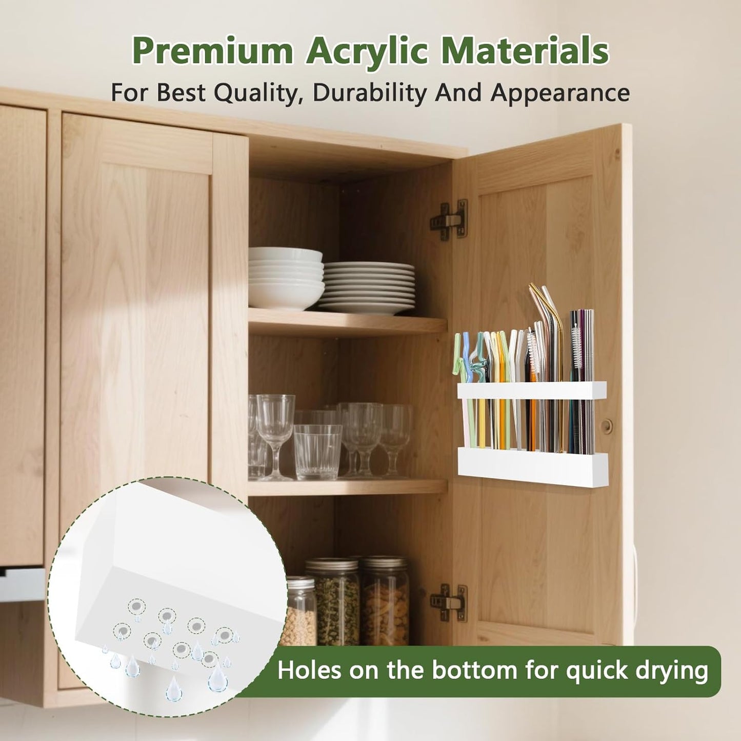 Malldii 9.5" Large Acrylic Straw Holder for Cabinet Door - Reusable Tumbler Straw Organizer Storage, Small Kitchen Accessories Container, Ultra Sticky Cupboard Door Mounted (Transparent)