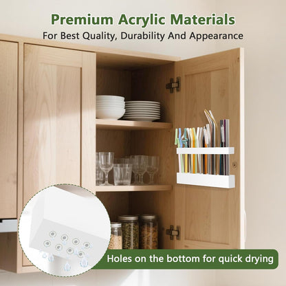 Malldii 9.5" Large Acrylic Straw Holder for Cabinet Door - Reusable Tumbler Straw Organizer Storage, Small Kitchen Accessories Container, Ultra Sticky Cupboard Door Mounted (Transparent)
