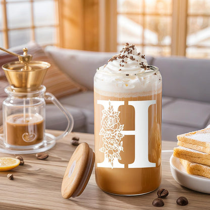 Glass Cups with Lids and Straws: Personalized Initial Glass Cup Be Used As Reusable Iced Coffee Cups with Lids,Cute Matcha Tumbler - The Christmas/Birthday Gifts for Women - M Smoothie Cup