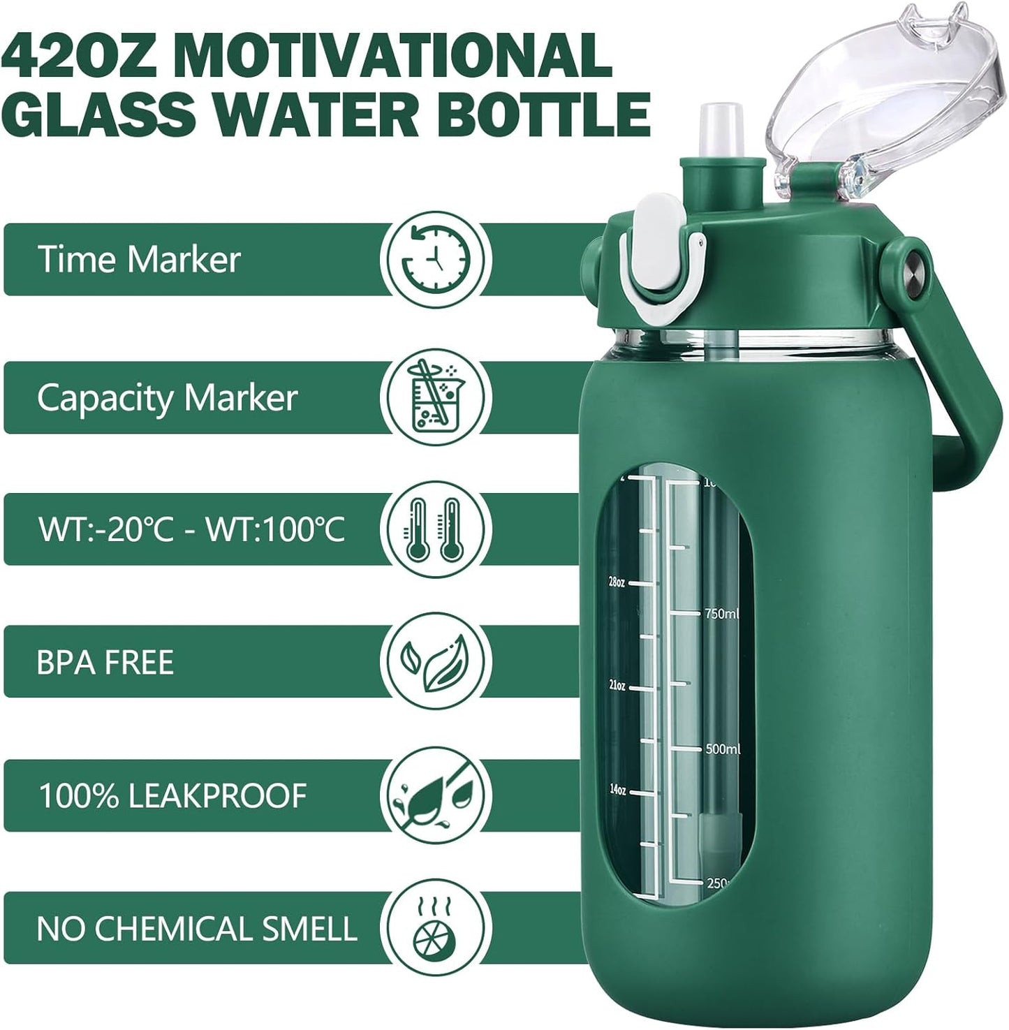 64oz Glass Water Bottles with Straw, Half Gallon Motivational Glass Bottle with Silicone Sleeve and Time Marker, 2L Leakproof Large Glass Water Jug for Gym Home Office,olive