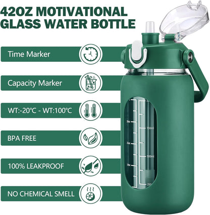 64oz Glass Water Bottles with Straw, Half Gallon Motivational Glass Bottle with Silicone Sleeve and Time Marker, 2L Leakproof Large Glass Water Jug for Gym Home Office,olive