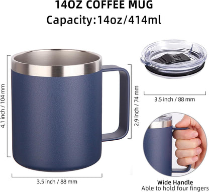 Volhoply 14oz Insulated Stainless Steel Coffee Mug with Lid Bulk 4 Pack,Double Wall Vacuum Travel Coffee Cup with Handle,Reusable Metal Cups Tumbler Cup,Camping Mugs,Ideal Gifts(Mix,4)