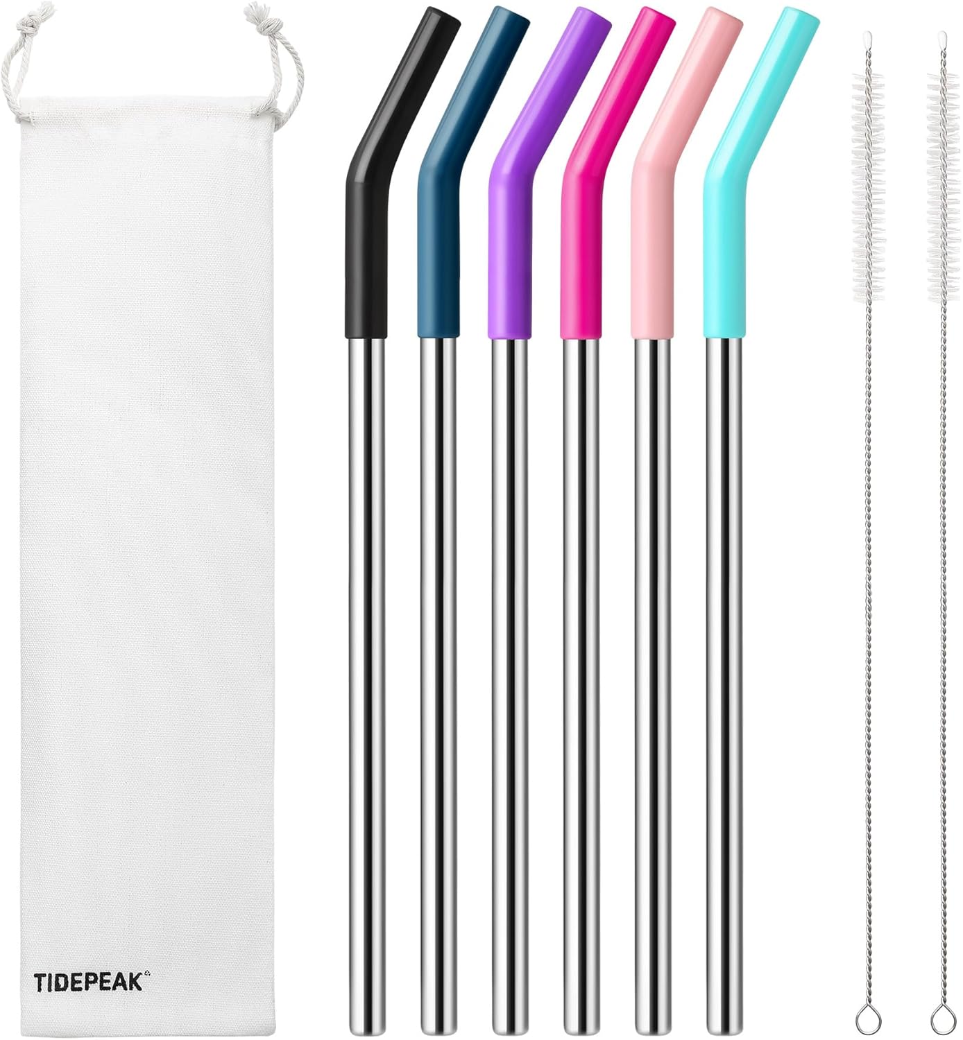 6 Packs Reusable Stainless Steel Straws with Silicone Tips and Travel Case, Long Metal Drinking Replacement Straws for Stanley Cup 40 oz Tumbler, 2 Cleaning Brushes Included, 3 Bent