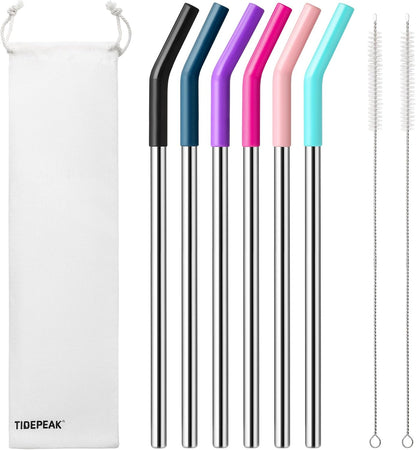 6 Packs Reusable Stainless Steel Straws with Silicone Tips and Travel Case, Long Metal Drinking Replacement Straws for Stanley Cup 40 oz Tumbler, 2 Cleaning Brushes Included, 3 Bent