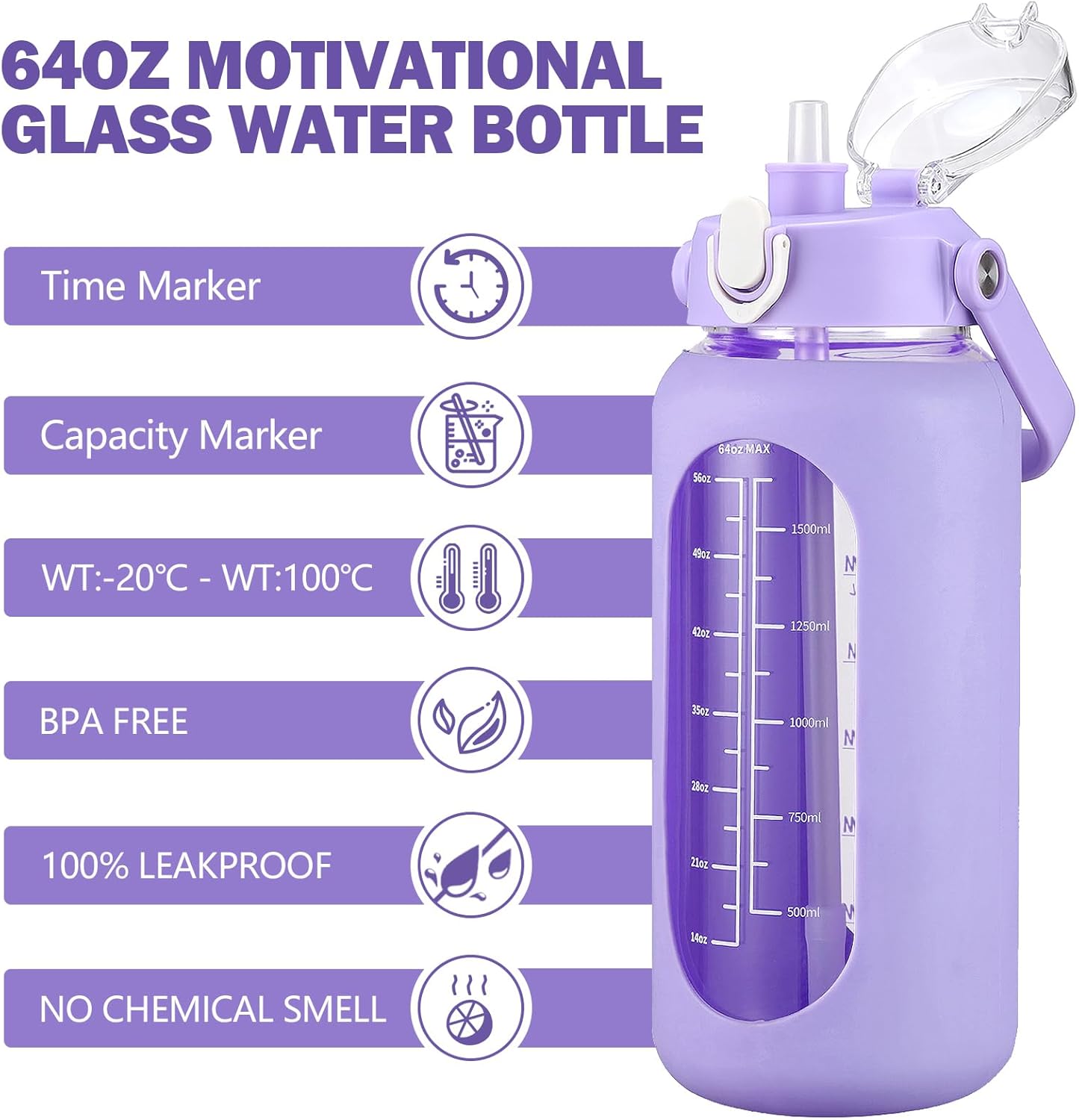 64oz Glass Water Bottles with Straw, Half Gallon Motivational Glass Bottle with Silicone Sleeve and Time Marker, 2L Leakproof Large Glass Water Jug for Gym Home Office,olive