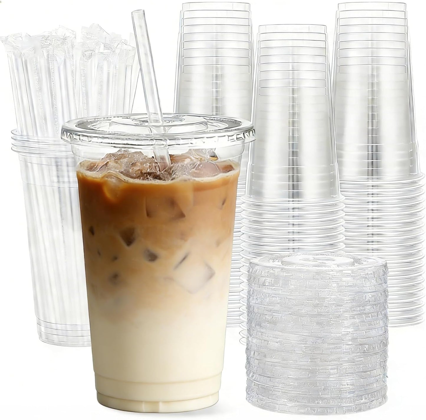25 Pack 16 oz Clear Plastic Cups with Lids and Straws, Leak-Proof Disposable Iced Coffee Cups, BPA-Free PET Cold Drink Tumblers for Smoothie, Tea and Juice, Crystal Clear To Go Cups