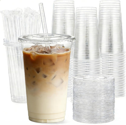25 Pack 16 oz Clear Plastic Cups with Lids and Straws, Leak-Proof Disposable Iced Coffee Cups, BPA-Free PET Cold Drink Tumblers for Smoothie, Tea and Juice, Crystal Clear To Go Cups