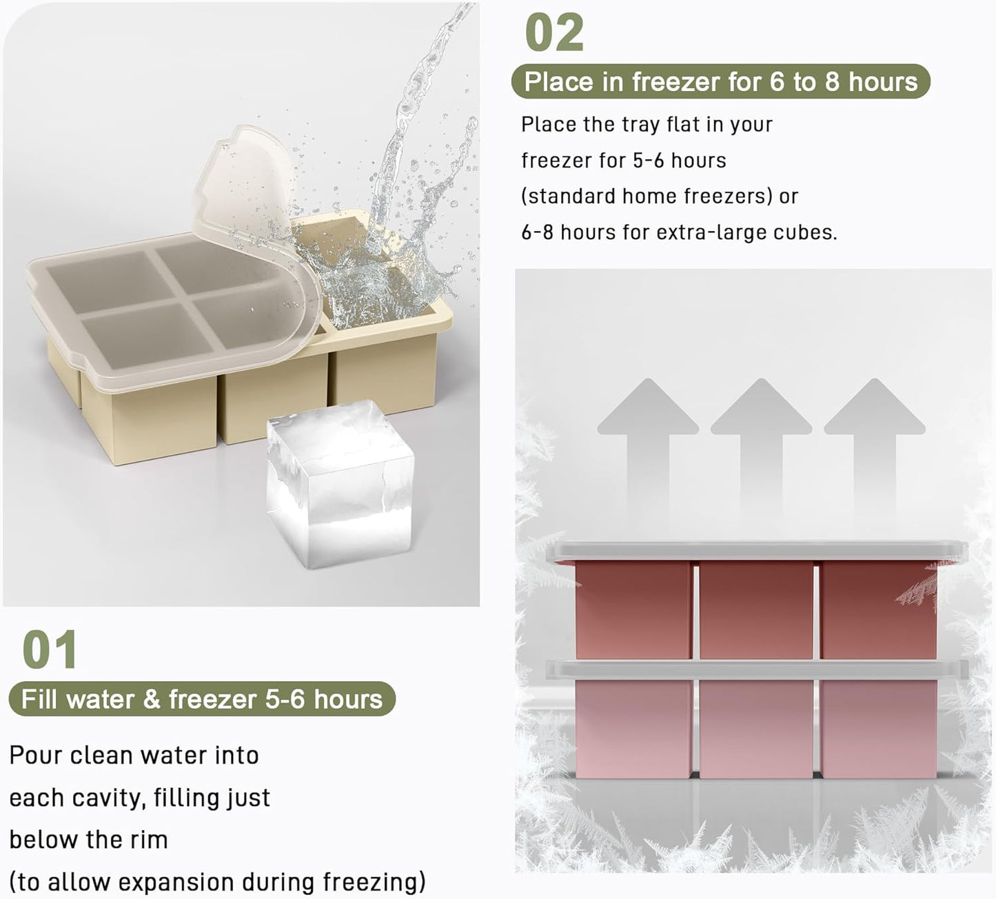VLM 3 Packs Large Ice Cube Molds with Stackable Lid,Silicone Ice Cube Tray for Freezer,Big Square Ice Tray for Whiskey,Cocktails,Bourbon and Soups (Neutral)