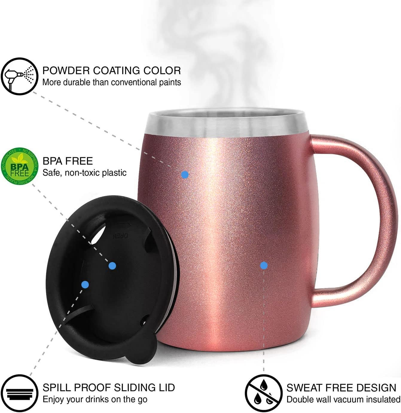 CHILLOUT LIFE Stainless Steel Insulated Coffee Mugs Set of 2 (14oz) – Double Wall Coffee Cups with Spill Resistant Lid & Strong Handle, Shatterproof Cups for Cold Drinks and Hot Beverages