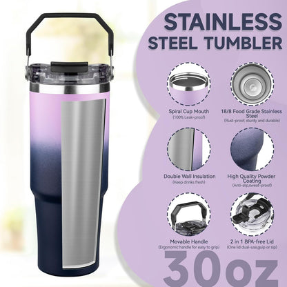 30oz Tumbler with Handle and Flip Straw Lid Double Wall Insulated Travel Coffee Mug Stainless Steel Vacuum Insulated Coffee Tumbler Cup for Hot and Cold Beverages,Leak-proof&BPA-free (30oz,Black)