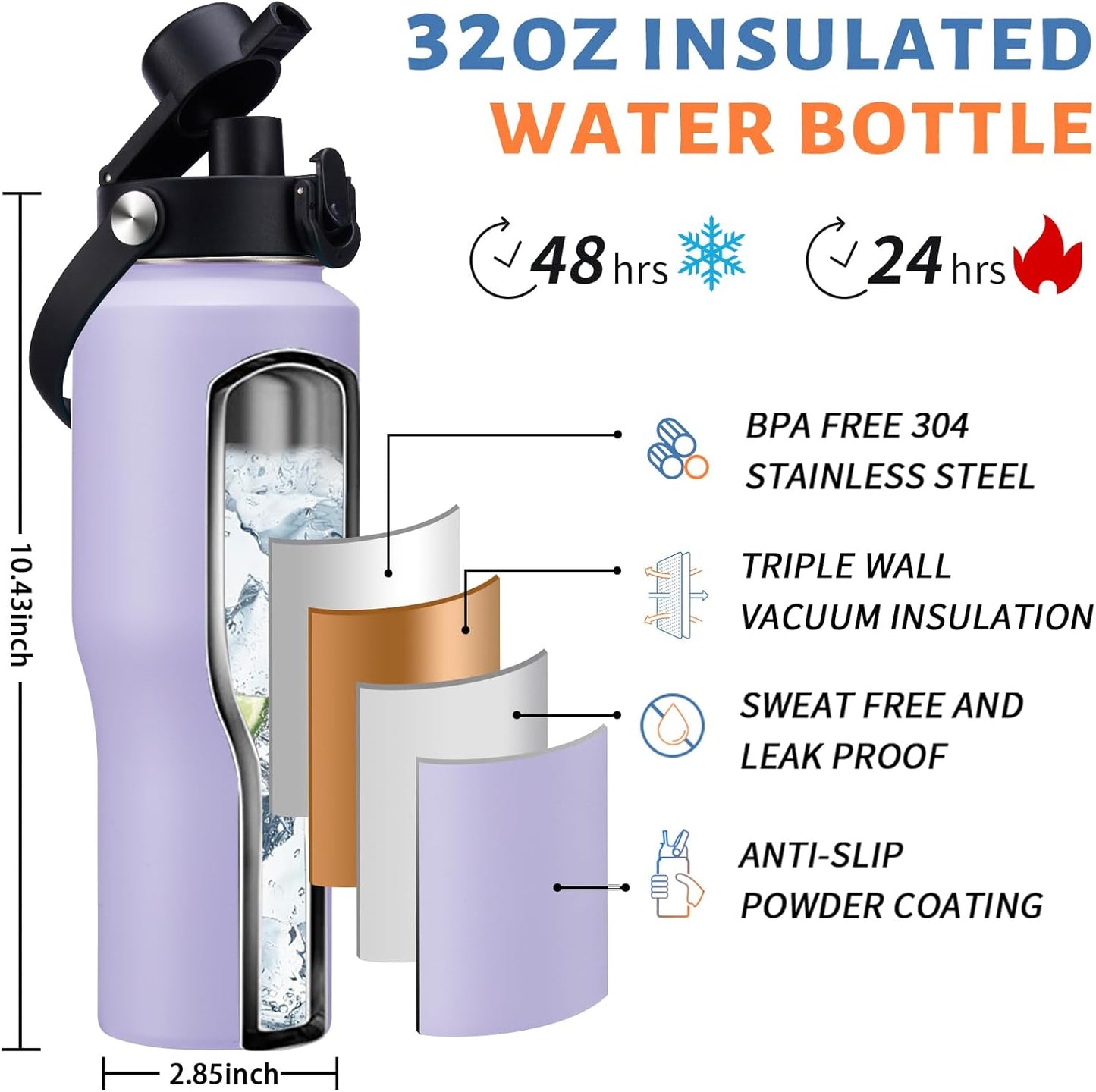 Insulated Water Bottle 40 oz - Fits in any Car Cup Holder, Keep Cold 48H Hot 24H, Stainless Steel Waterbottle Double Wall Flask with Straw, Pop-up Spout Lid, Paracord Handle, Carrier Bag
