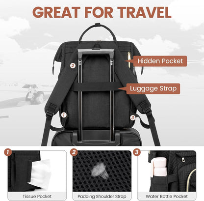 LOVEVOOK Laptop Backpack for Women with Giant Tumbler Holder Pocket,15.6 inch Waterproof Travel Backpack Purse Computer Laptop Bag,Professional Work College Nurse Teacher Backpack Casual Daypack,Black