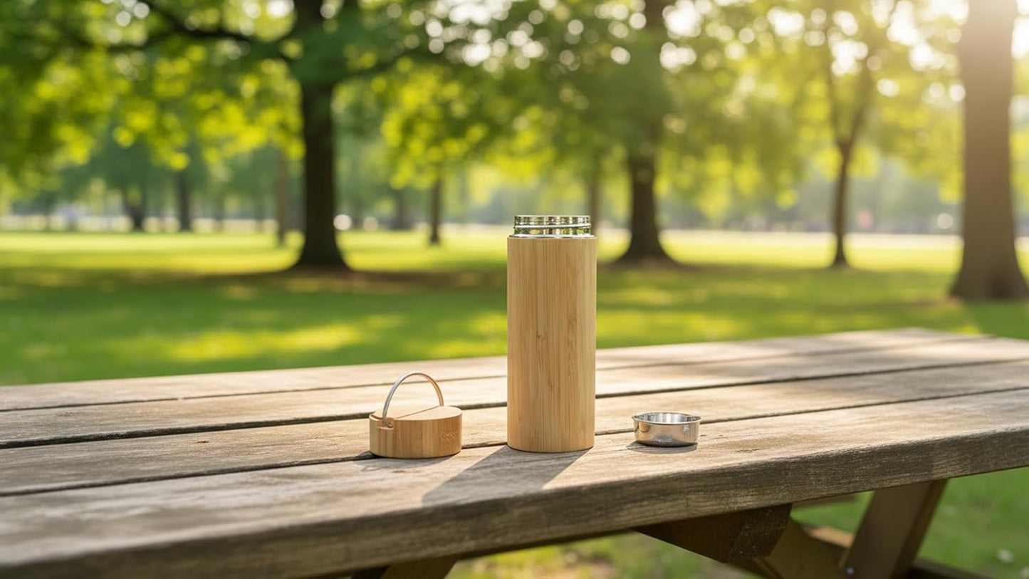 Bamboo Tea Tumbler with Infuser - 17oz Double Wall Vacuum Insulated Stainless Steel Travel Mug | Leakproof Thermal Flask with Strainer for Loose Leaf Tea, Coffee and Fruit Water