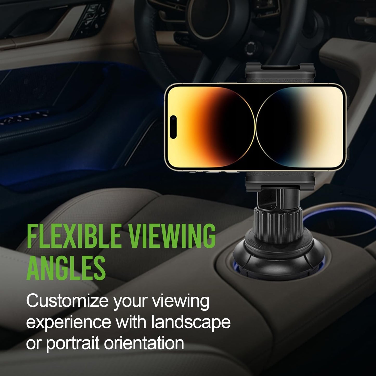 Cellet Cup Holder Tray for Car with Phone Mount – Expandable Base, 360° Rotation Food & Drink Tray with Non-Slip Surface, Adjustable Arm for Eating in Vehicle – Fits Most Standard Car Cup Holders