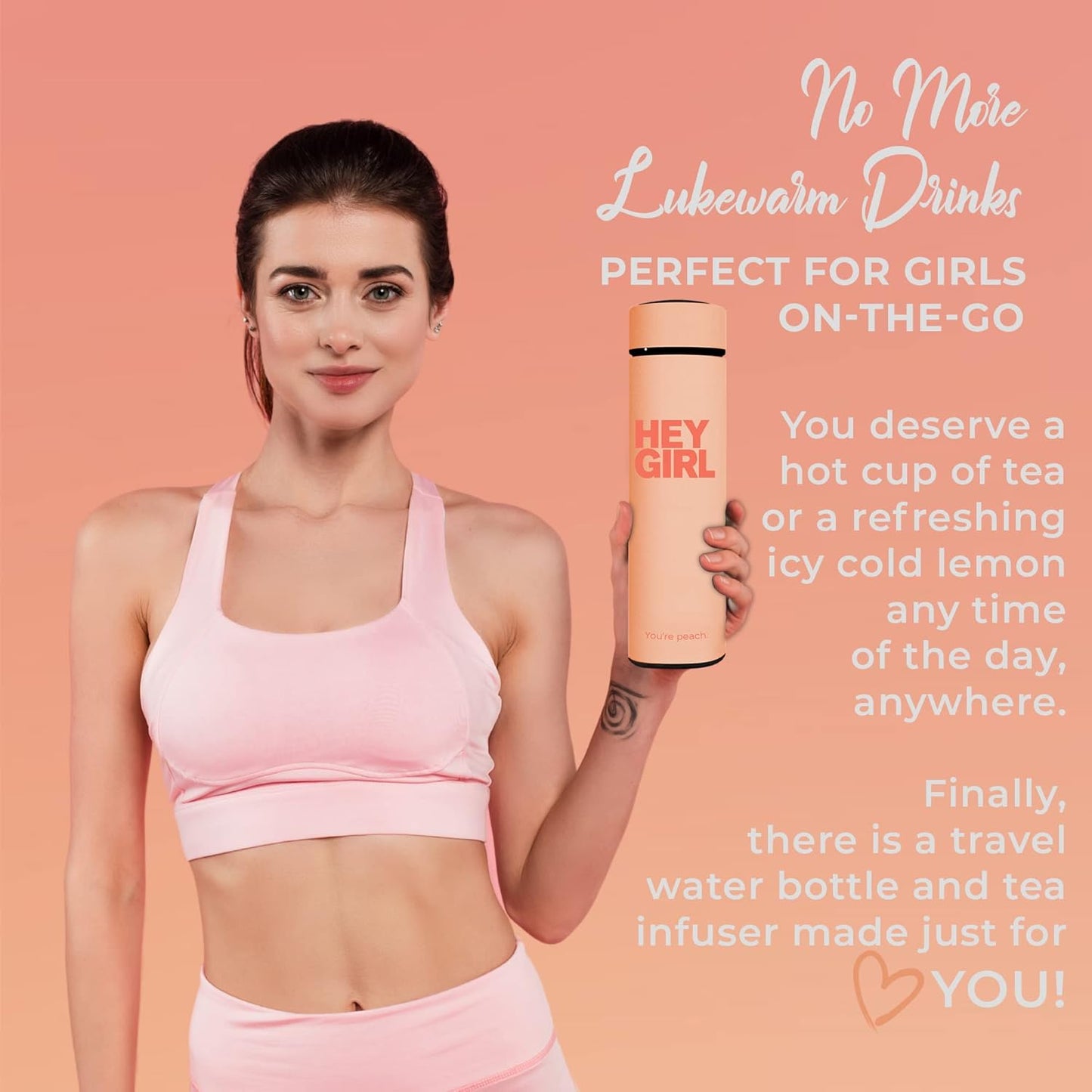 Hey Girl Tea Infuser Bottle 450ml - Insulated Stainless Steel Water Bottle - Tea Tumbler with Tea Diffuser - Portable Travel Mug for Loose Leaf Tea & Infused Water - Tea Lovers Gifts for Women (Pink)