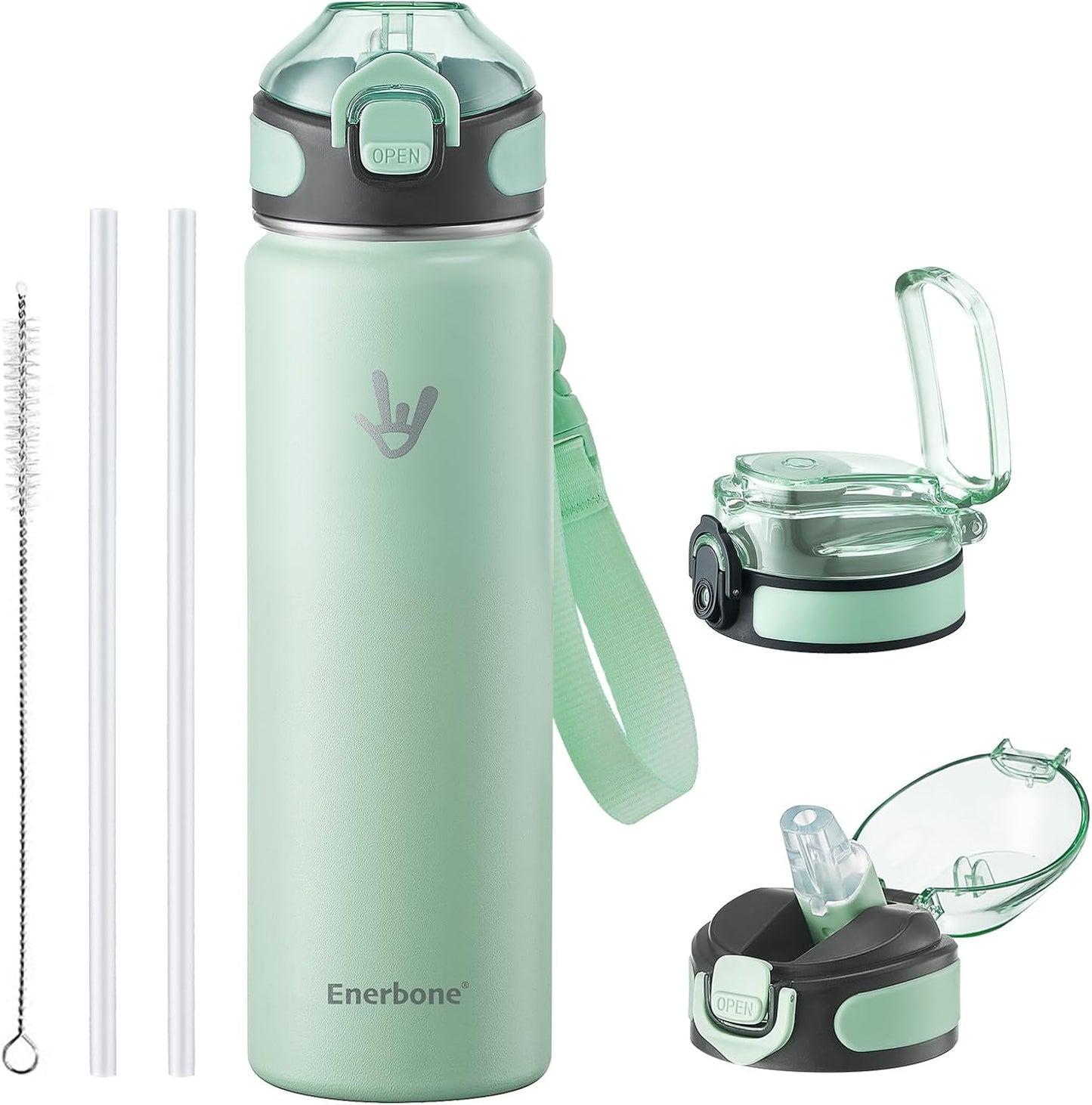 Enerbone 24 oz Insulated Water Bottle, Stainless Steel Bottle with Carrying Strap, Double-Wall Vacuum Insulation Design, Leakproof Sports Bottle with Straw, Keep Drinks Cold or Hot for Hours