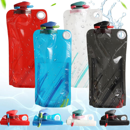 4 Pack Collapsible Water Bottle With Carabiner, 34 Ounce Foldable Water Bag with Leakproof Lid, Food-Grade Silicone Portable Water Bottle for Hiking, Sports, Camping, Biking, Traveling, BPA-Free