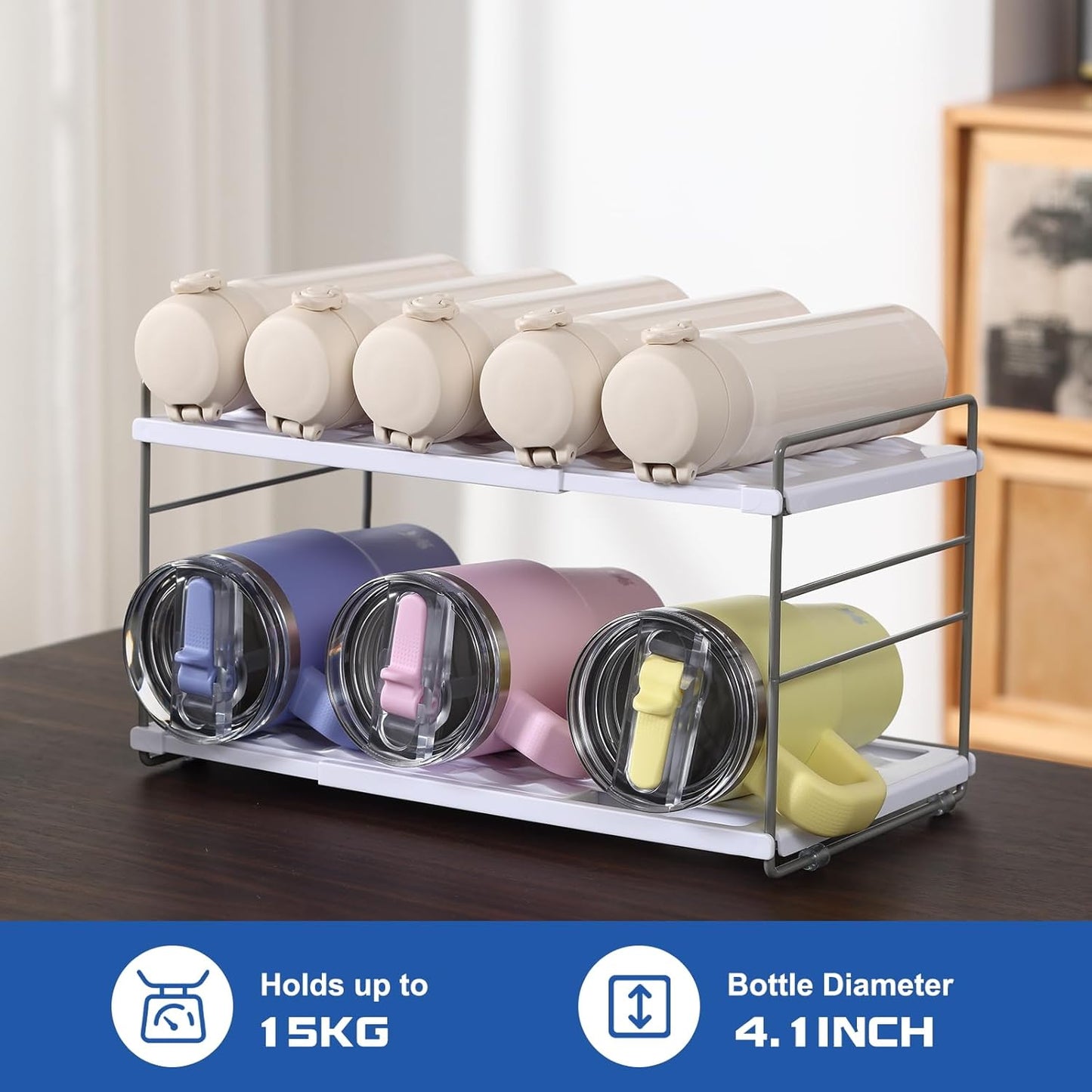 Water Bottle Organizer For Cabinet, Adjustable Tumbler Storage, Expandable 2 Tier Cup Organizer For Kitchen, Water Bottle Shelf Rack Holder For Pantry Countertop Fridge, White