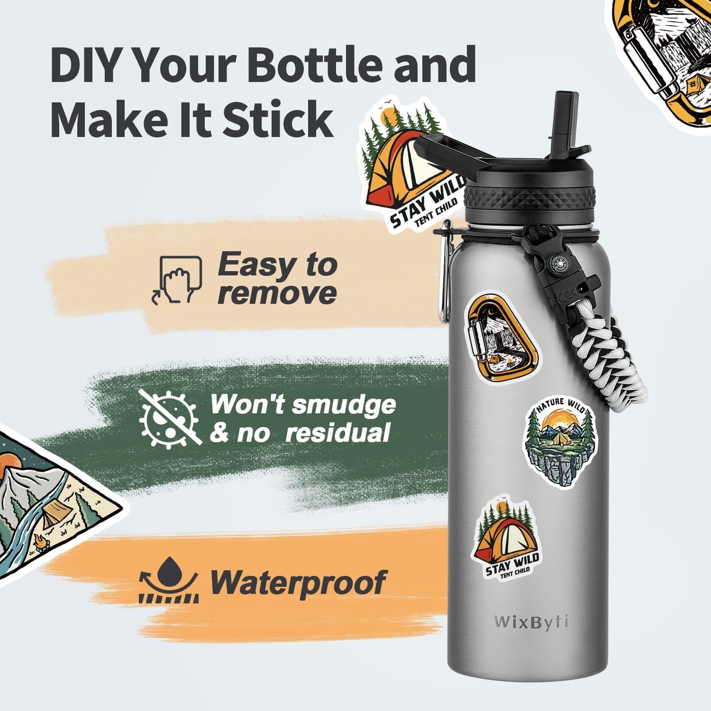 WixByti 40 oz Insulated Water Bottle with Straw (Cold for 36 Hrs), Stainless Steel Triple Wall Vacuum Sports Water Jug, Leakproof Hydro Cup Flask with Paracord Handle & Straw Spout Lids & DIY Stickers