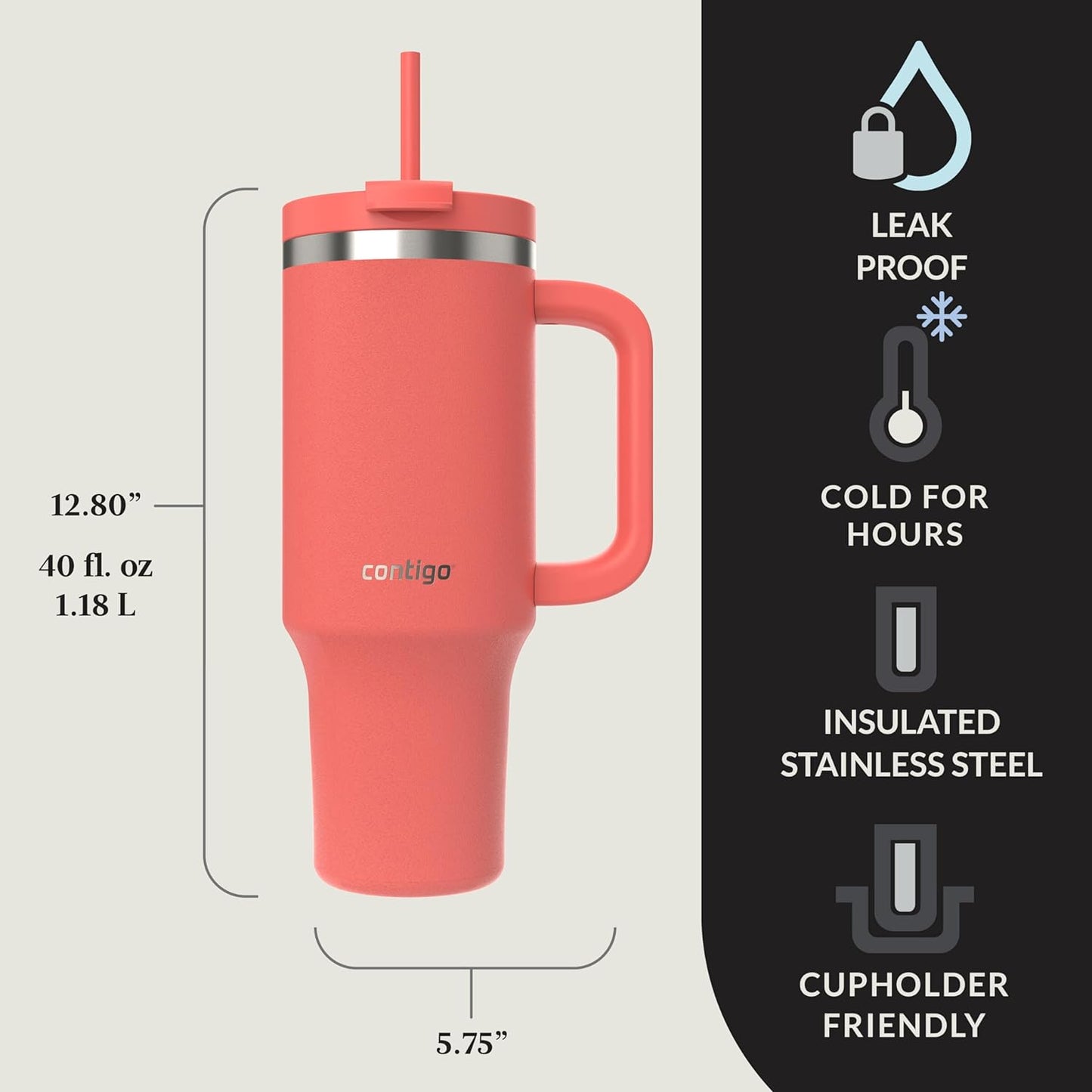 Contigo Streeterville 40oz Tumbler, Stainless Steel Vacuum Insulated, Leak-Proof, Cold for 29 Hours, Reef