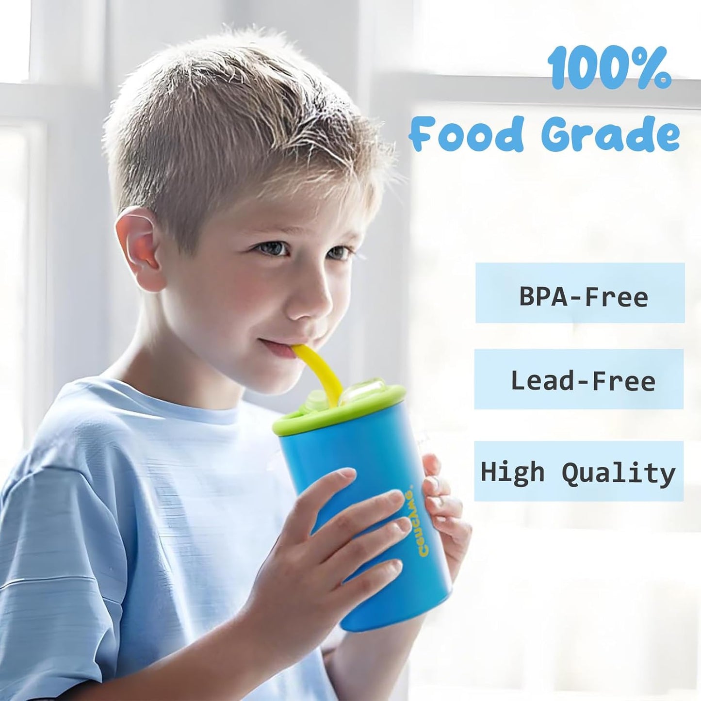 Gencywe 2 PACK Kids Double Walled Stainless Steel Cups with Straws and lids | 12 oz Spill-Proof Sippy Smoothie Tumbler Set, Small Kids Snack & Drink Water Cups, BPA-Free (Age: 3+ years old & up)