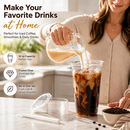 16 OZ Plastic Cups with Lids and Straws, 25 Clear Disposable Coffee Cups With Lids 16 OZ Disposable Cold Brew Cup for Parfait, Bubble Tea, Smoothies