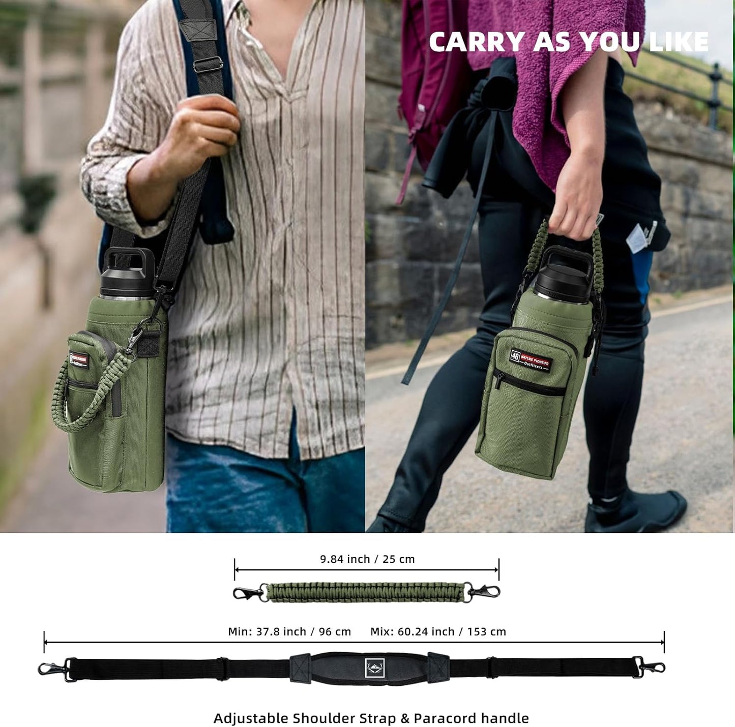 NATURE PIONEOR Water Bottle Holder with Adjustable Strap - 26/32/36/40/46/64oz Insulated Water Bottle Sling Carrier with Paracord Handle & 2 Pockets, Outdoor Sports, Hiking, Camping, Gym