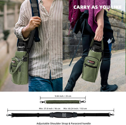 NATURE PIONEOR Water Bottle Holder with Adjustable Strap - 26/32/36/40/46/64oz Insulated Water Bottle Sling Carrier with Paracord Handle & 2 Pockets, Outdoor Sports, Hiking, Camping, Gym