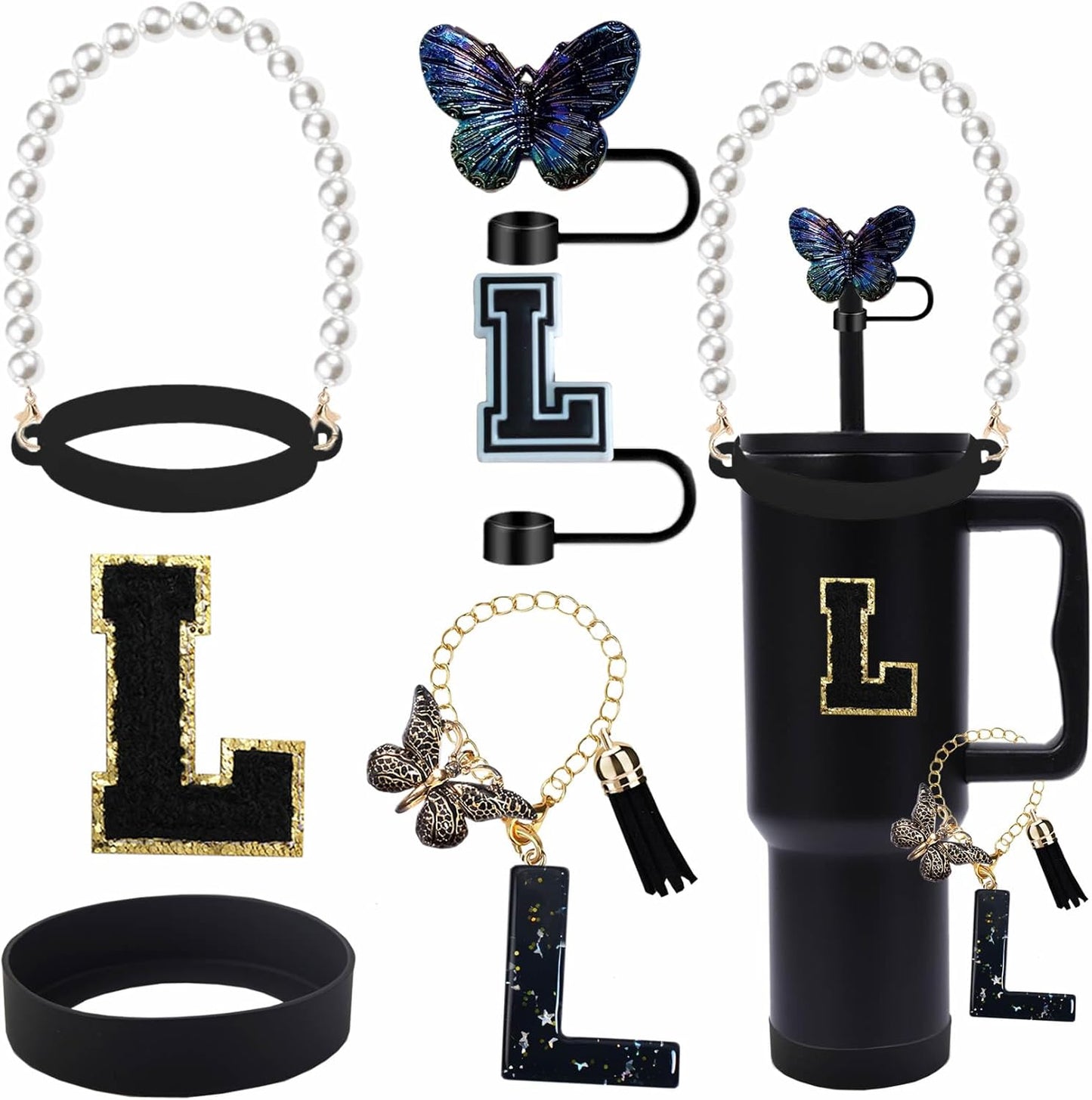 7pcs Cup Accessories for Stanley 30/40oz Tumbler, Handle Strap, Straw Cover, Silicone Boot, Letter Charm Stickers