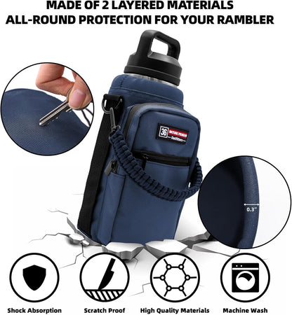 NATURE PIONEOR Water Bottle Holder with Adjustable Strap - 26/32/36/40/46/64oz Insulated Water Bottle Sling Carrier with Paracord Handle & 2 Pockets, Outdoor Sports, Hiking, Camping, Gym