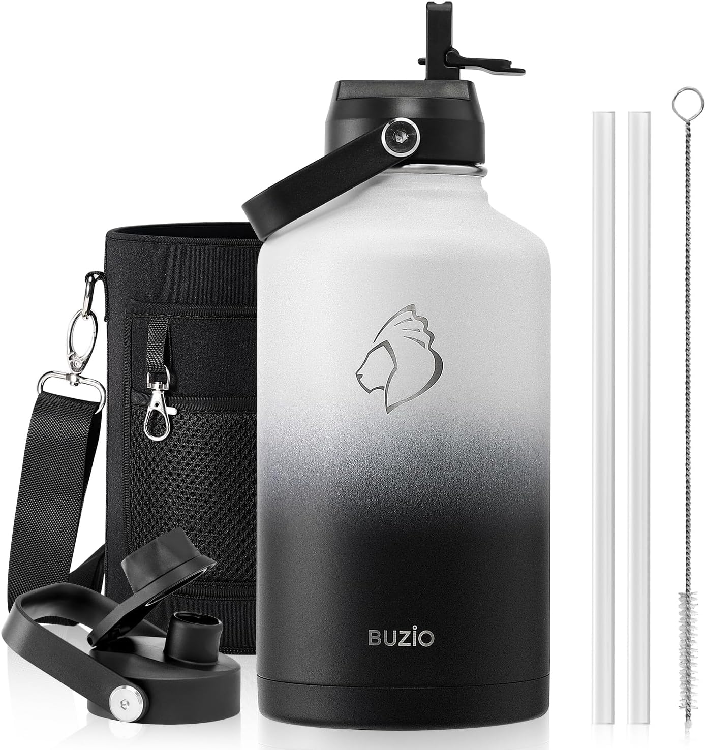 BUZIO 40oz Insulated Water Bottle, Triple Wall Vacuum Stainless Steel Water Flask with 2 lids, Lead-Free BPA-Free Straw Lid Sports Canteen Jug, Cold 48H & Hot 24H- Black - Colors A