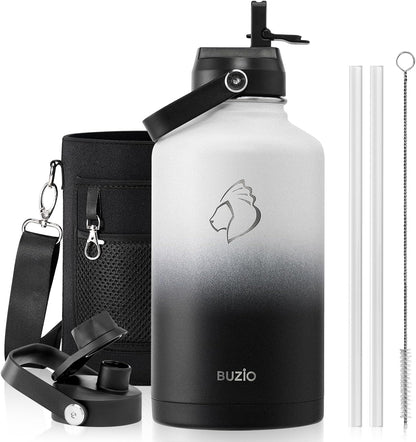 BUZIO 40oz Insulated Water Bottle, Triple Wall Vacuum Stainless Steel Water Flask with 2 lids, Lead-Free BPA-Free Straw Lid Sports Canteen Jug, Cold 48H & Hot 24H- Black - Colors A