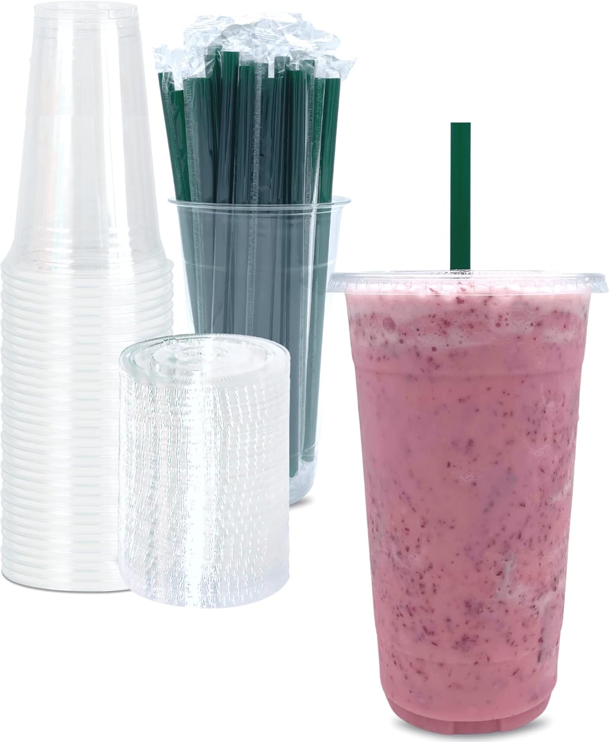 Cappatua 20 oz Clear Plastic Cups with Lids and STRAWS, Disposable Drinking Cups for Cold Drinks, Iced Coffee, Milkshakes, Smoothies, 25 Sets